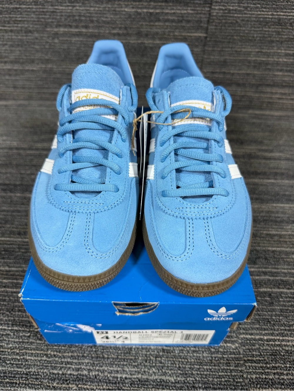 adidas Handball Spezial J Light Blue Suede Sneakers with White Stripes Gum Soles - Picture 3 of 8
